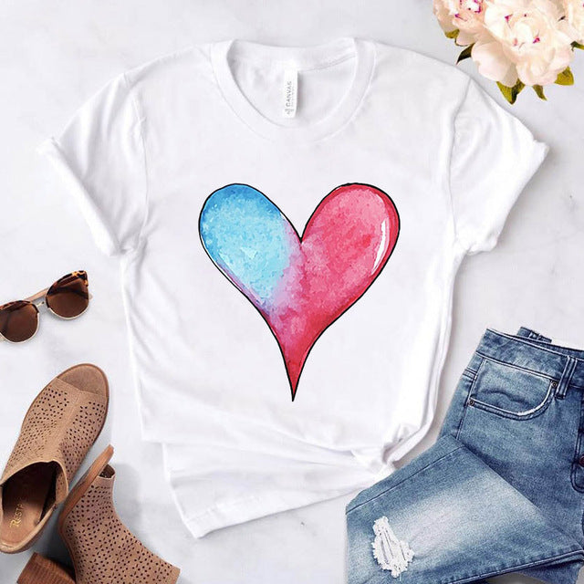 T-shirt à manches courtes et col rond pour femme, imprimé floral en forme de cœur