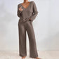 Casual Straight-leg Pants With A Loose V-neck Ribbed Knit Set