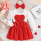 Puff Sleeve Love Top Rose Red Bowknot Short Dress Three-dimensional Flowers