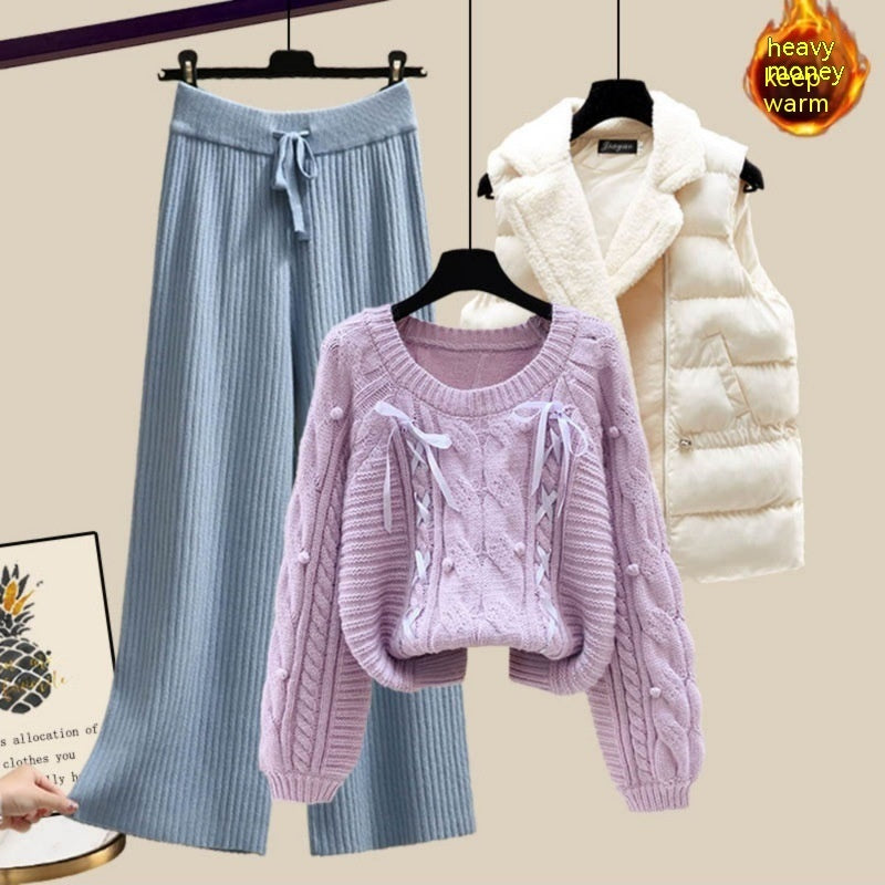 Ensemble trois pièces pour femme, gilet, pull épais, pantalon large