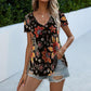 Women's Multicolor V-Neck Printed Short Sleeve T-Shirt