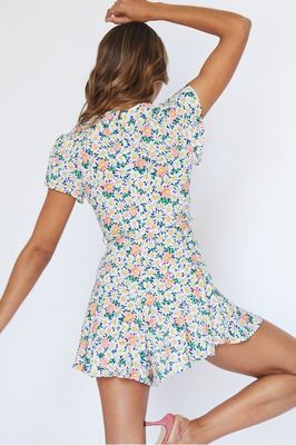 V-neck Floral Waist Short-sleeved Jumpsuit
