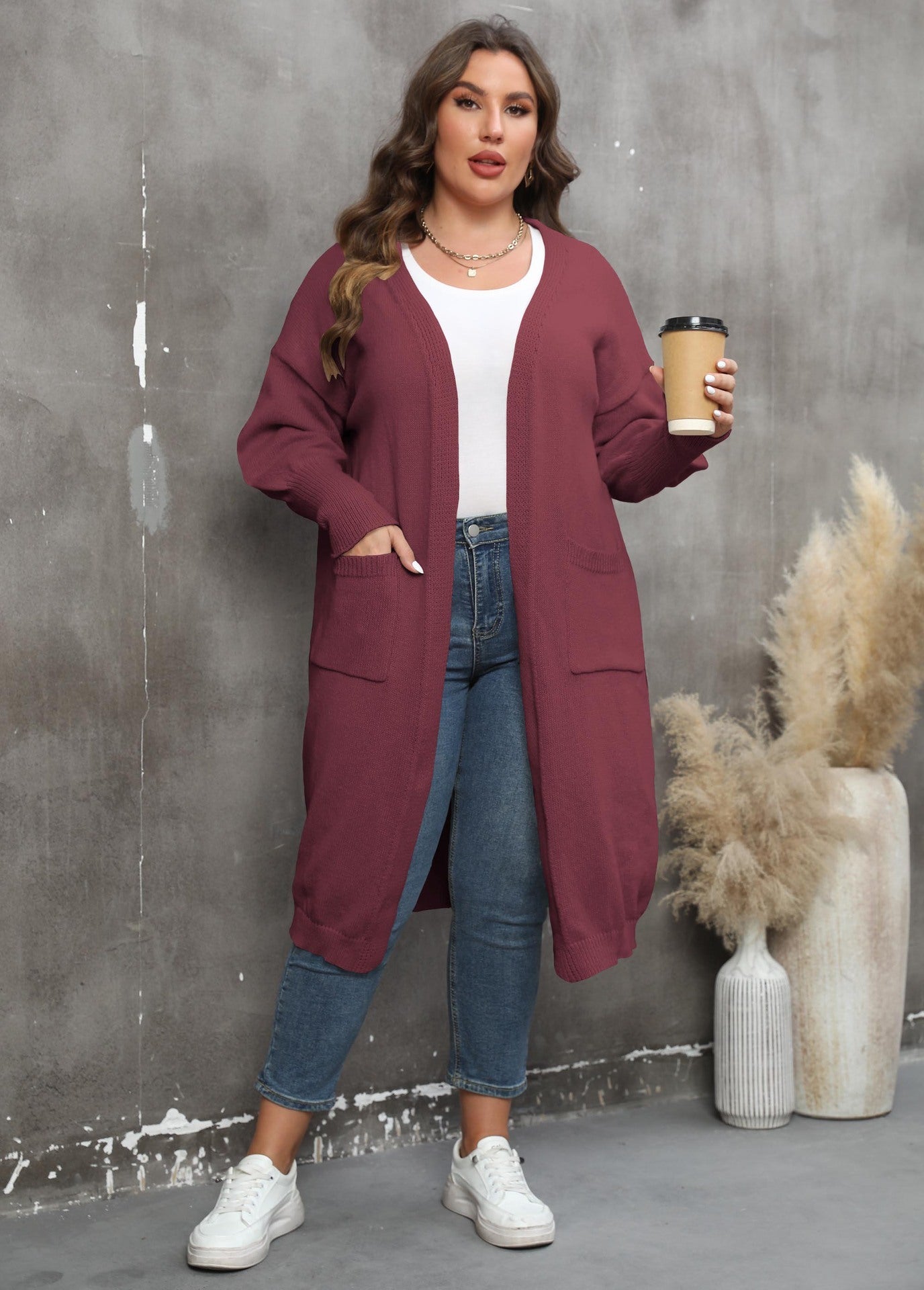 Pull ample mi-long tissé grande taille, style européen et américain, manteau à manches lanternes et double poche