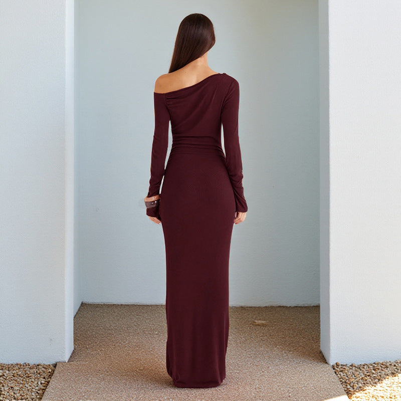 Oblique Shoulder Backless Long Sleeve Slim Dress Women Ins