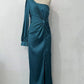 Diagonal Collar Raglan Sleeve Pleated Waist Tight Split Long Dress
