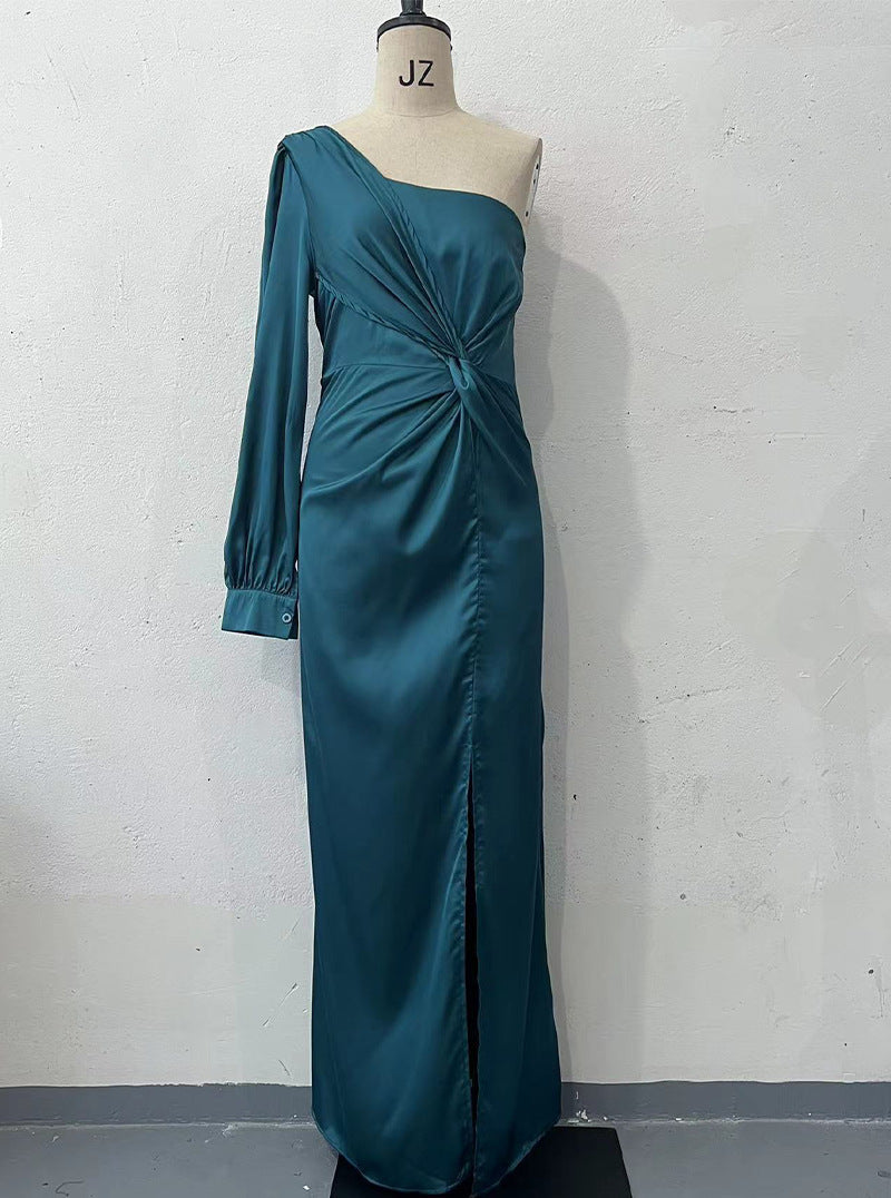 Diagonal Collar Raglan Sleeve Pleated Waist Tight Split Long Dress