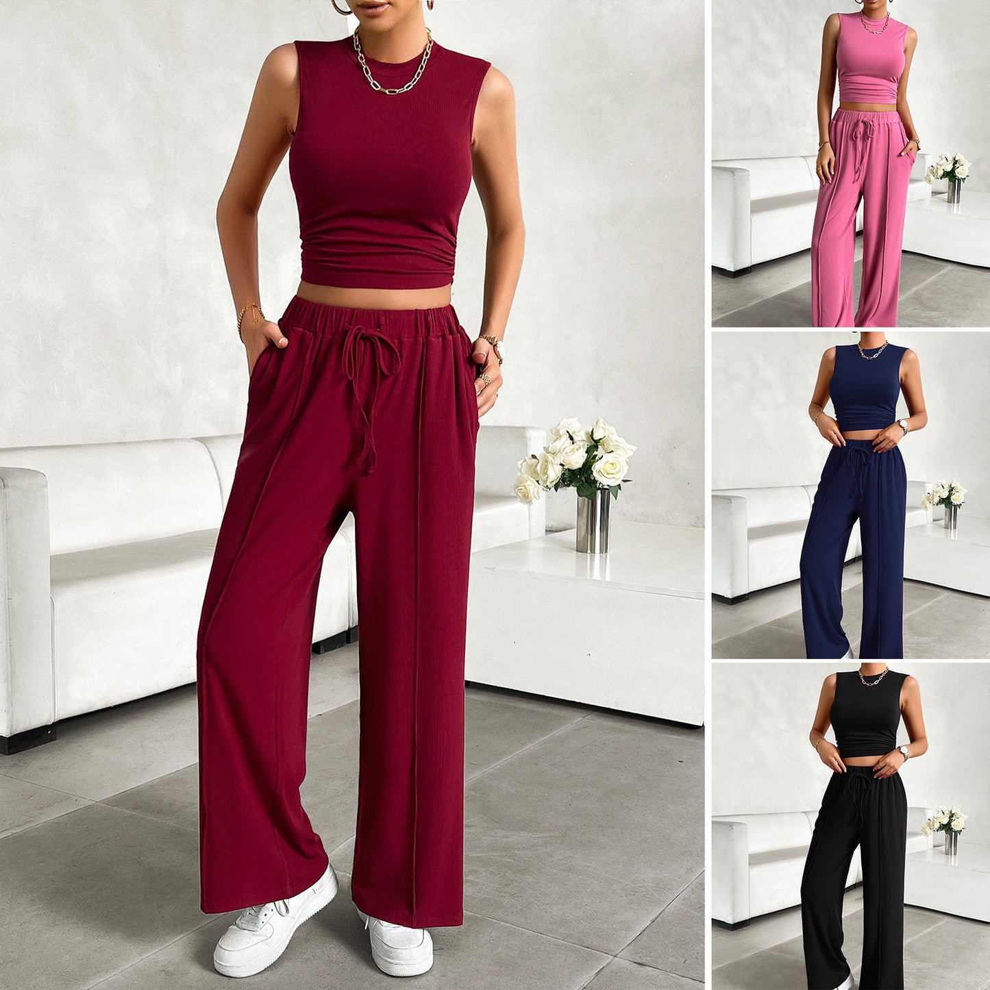 Urban Casual Solid Color Top Vest Pants Suit