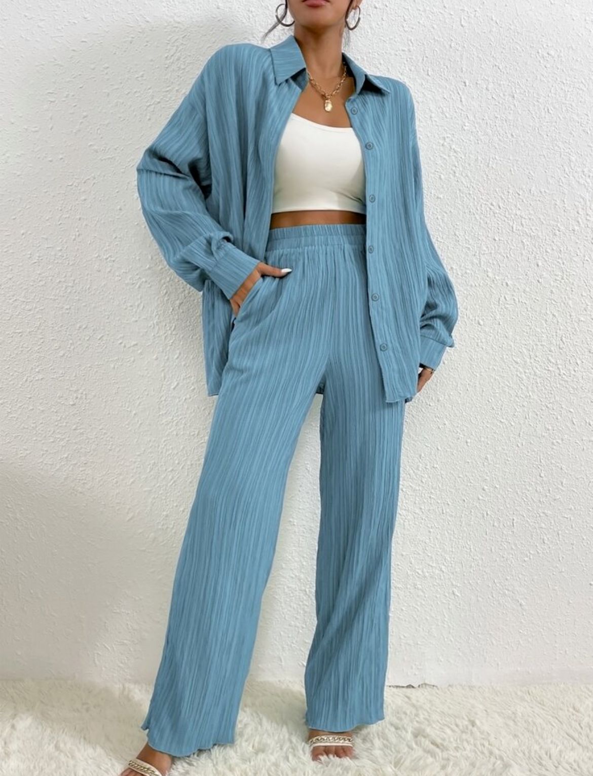 European And American Women's Clothing Solid Color Loose Drooping Smooth Pleated Casual Two-piece Suit