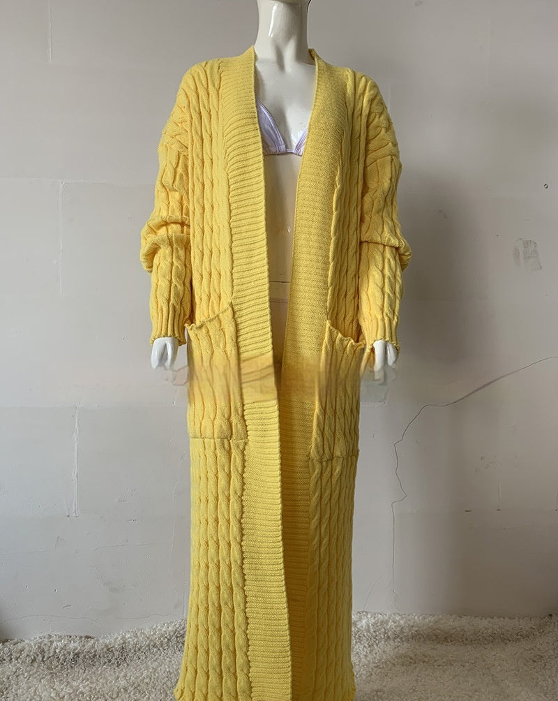 Cardigan long en tricot avec poche, pull long, manteau épais, européen et américain