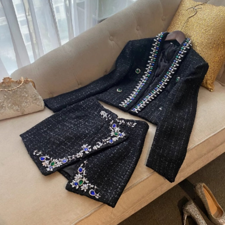 Diamond Blue And Fruit Collar Short Tweed Coat Short Skirt