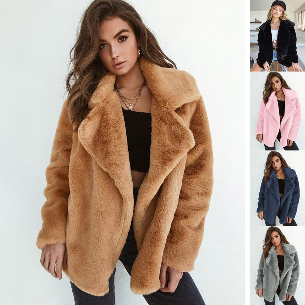 Plush Lapel Woolen Coat Women