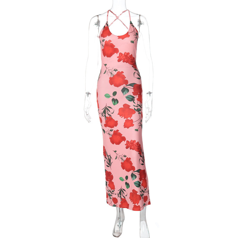 Fashion Printed Backless U-neck Slim Strap Dress