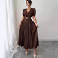 Cross V-Neck Defined Waist Slimming Puff Sleeve Patchwork Pleated Dress For Women