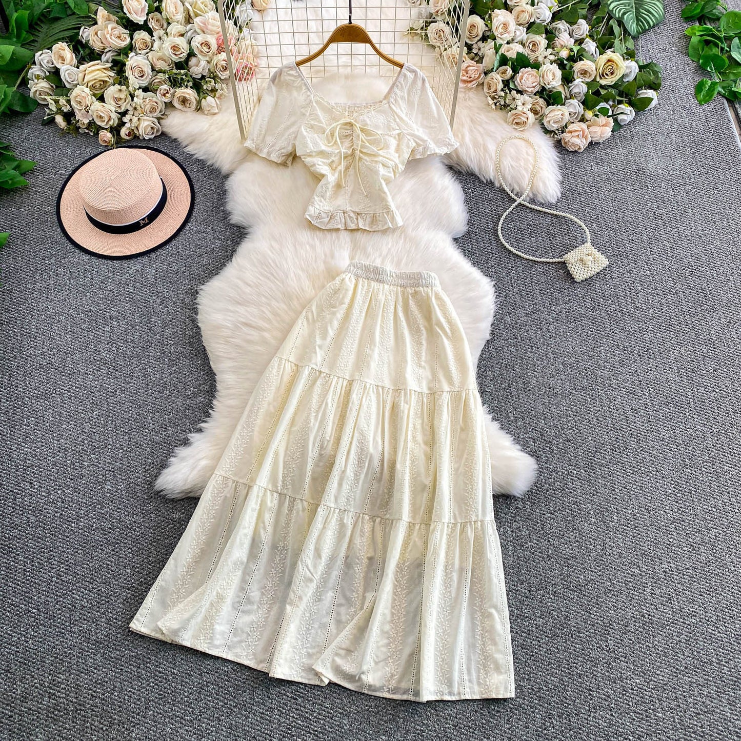 Hollowed-out Embroidered V-Neck Shirt With Ruffled Long Skirt