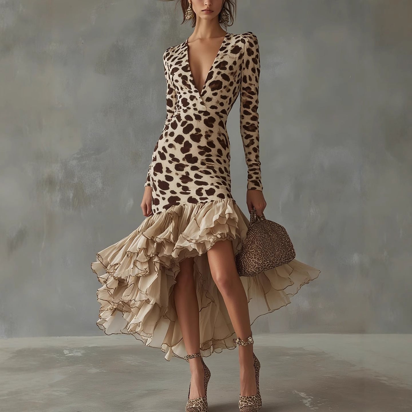 Women's V-neck Digital Print Stone Texture Spliced Mesh Dress
