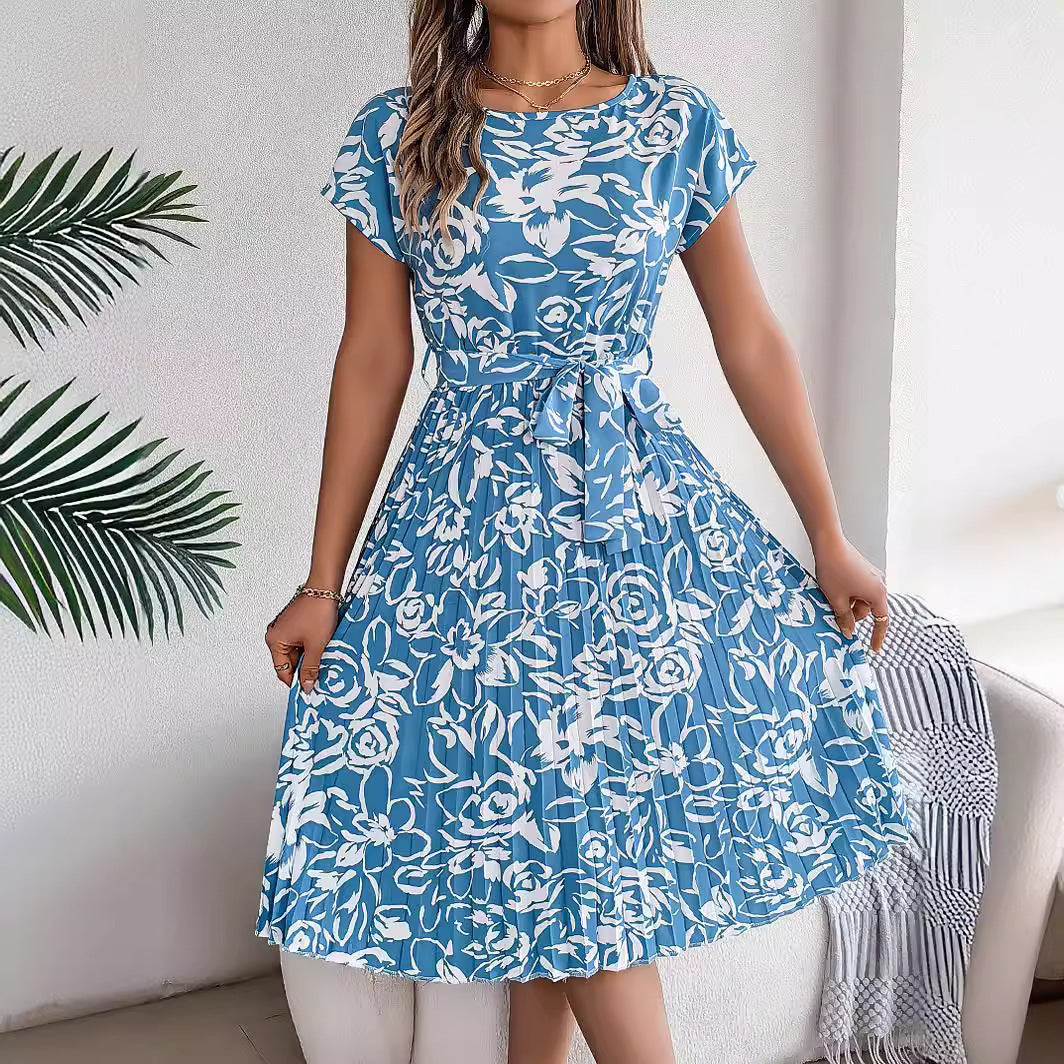 Robe plissée à manches courtes et ourlet large, élégante, style européen et américain