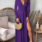 Robe de soirée plissée à manches longues et col en V profond, taille haute, fendue, style club