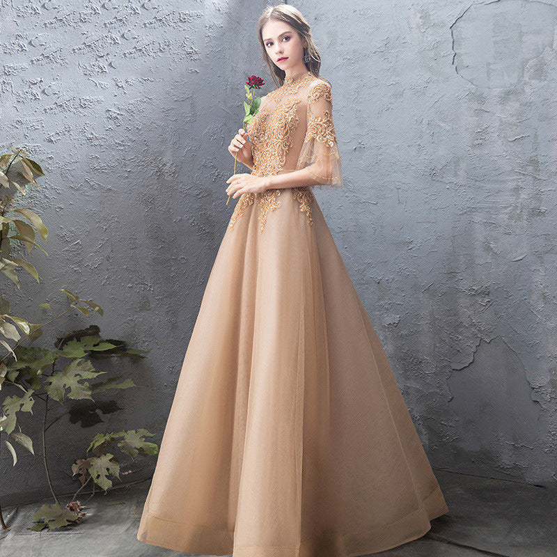 Robe de soirée de banquet pour femme, col montant doré, robe de fête annuelle, jupe