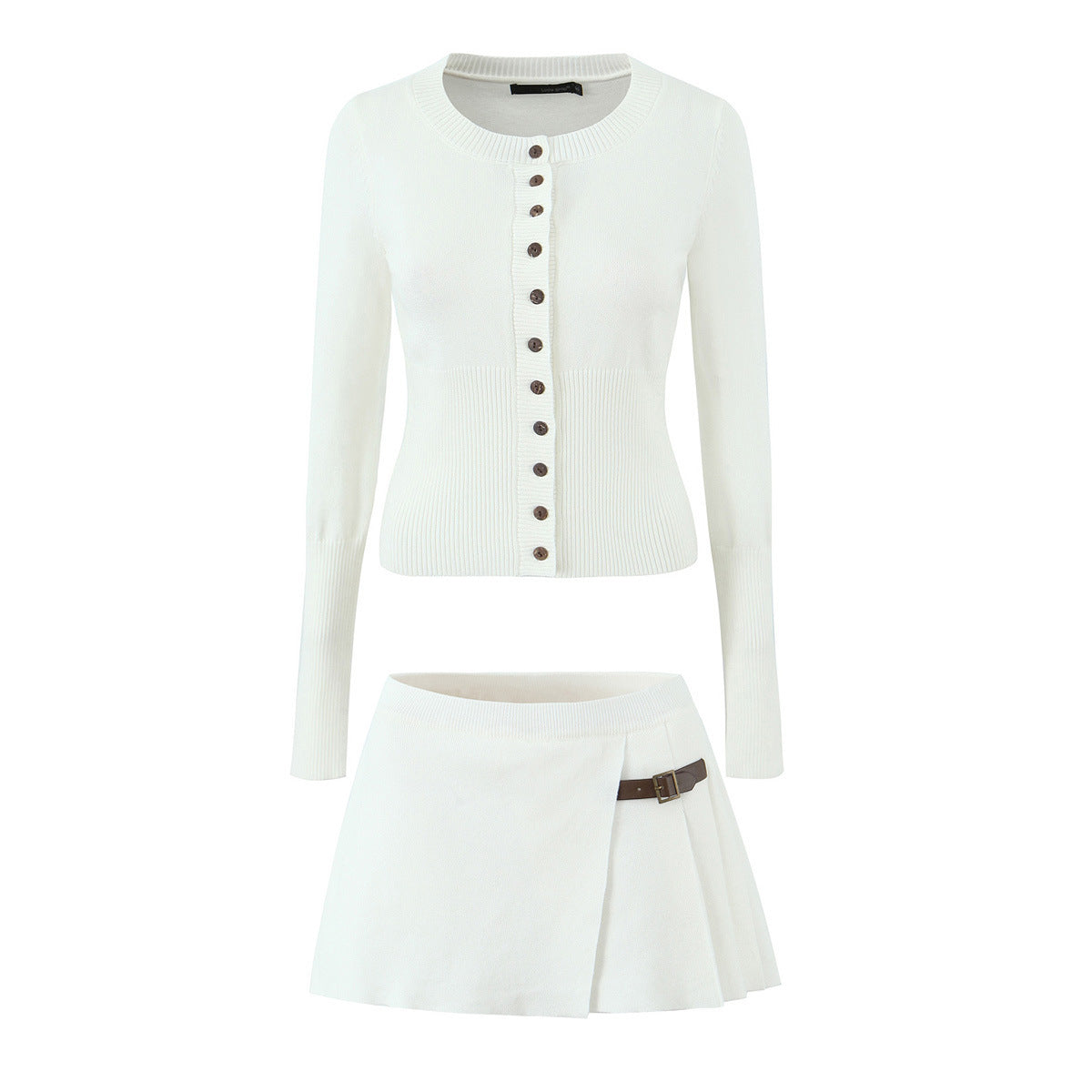 Slim Breasted Knitted Cardigan High Waist Leather Ring Pleated Skirt