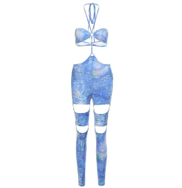Summer Fashion Halter Neck Buckle Cutout Strap Hollow Jumpsuit