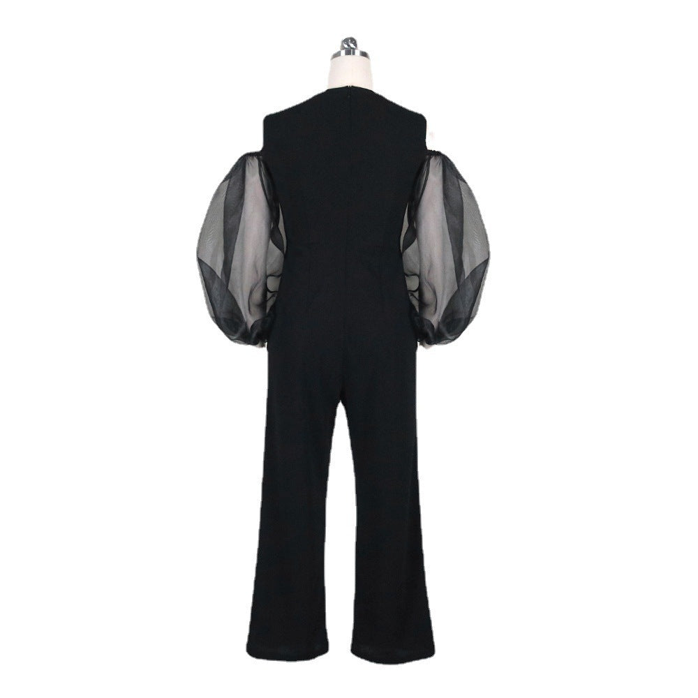 Round Neck Cutout Stitching Tulle Puff Sleeve High Waist Jumpsuit