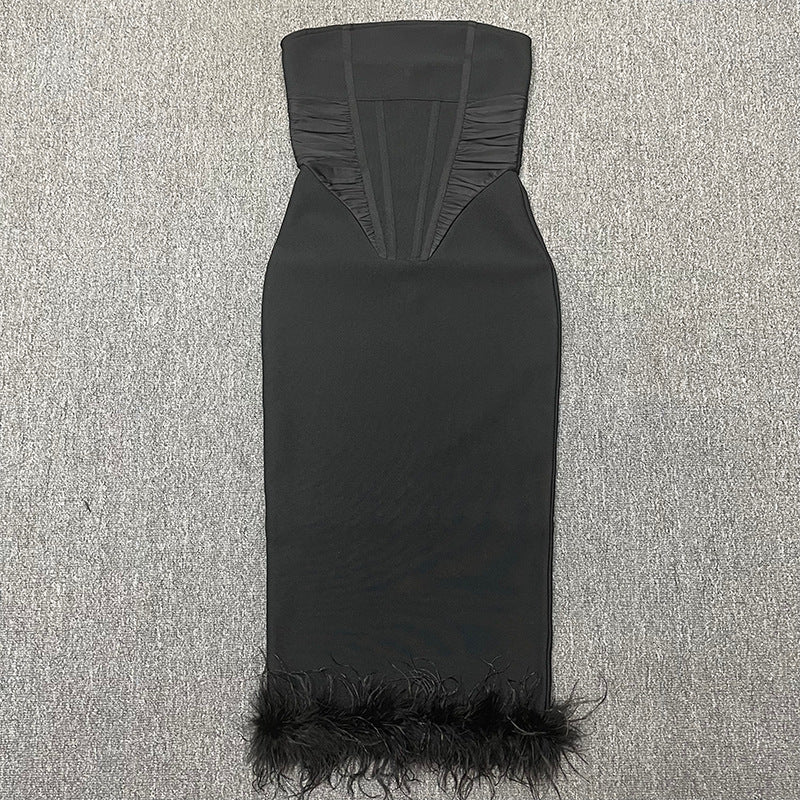 Women's Tube Top Net Skirt Hemline Feather Sheath Dress