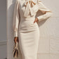 Autumn Fashion Elegant Solid-Color Waist-Cinching Dress With Bow Accent