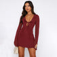 Robe sexy à volants, col en V, lacets, manches longues, jupe tendance Y2K, robes courtes slim couvrant les hanches pour femmes