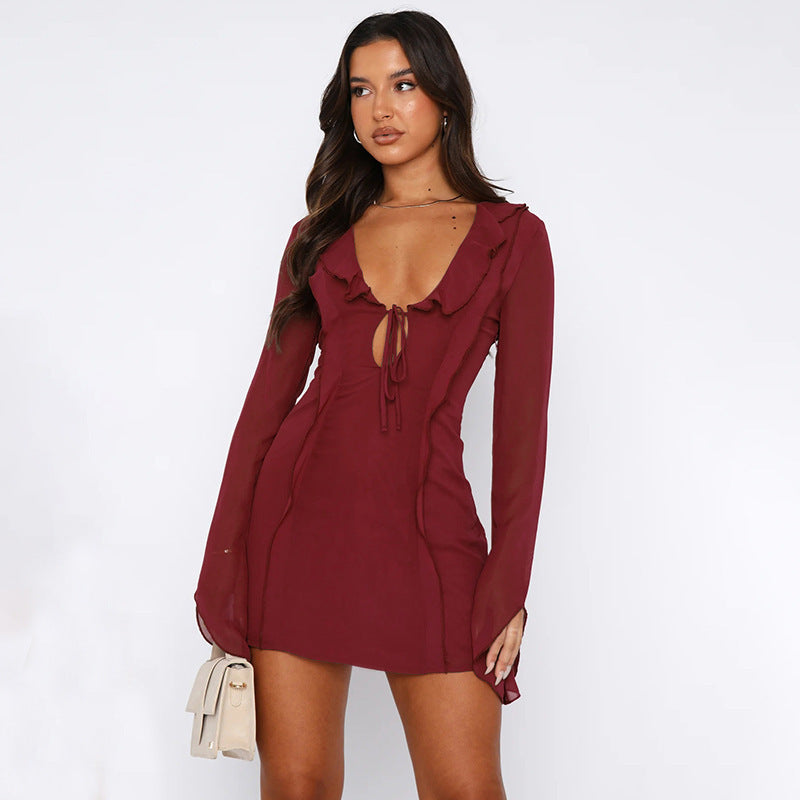 Robe sexy à volants, col en V, lacets, manches longues, jupe tendance Y2K, robes courtes slim couvrant les hanches pour femmes