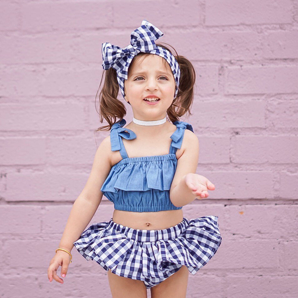 European And American Summer New Suspenders Denim Clothes To Lattice Butt Pants Headscarf
