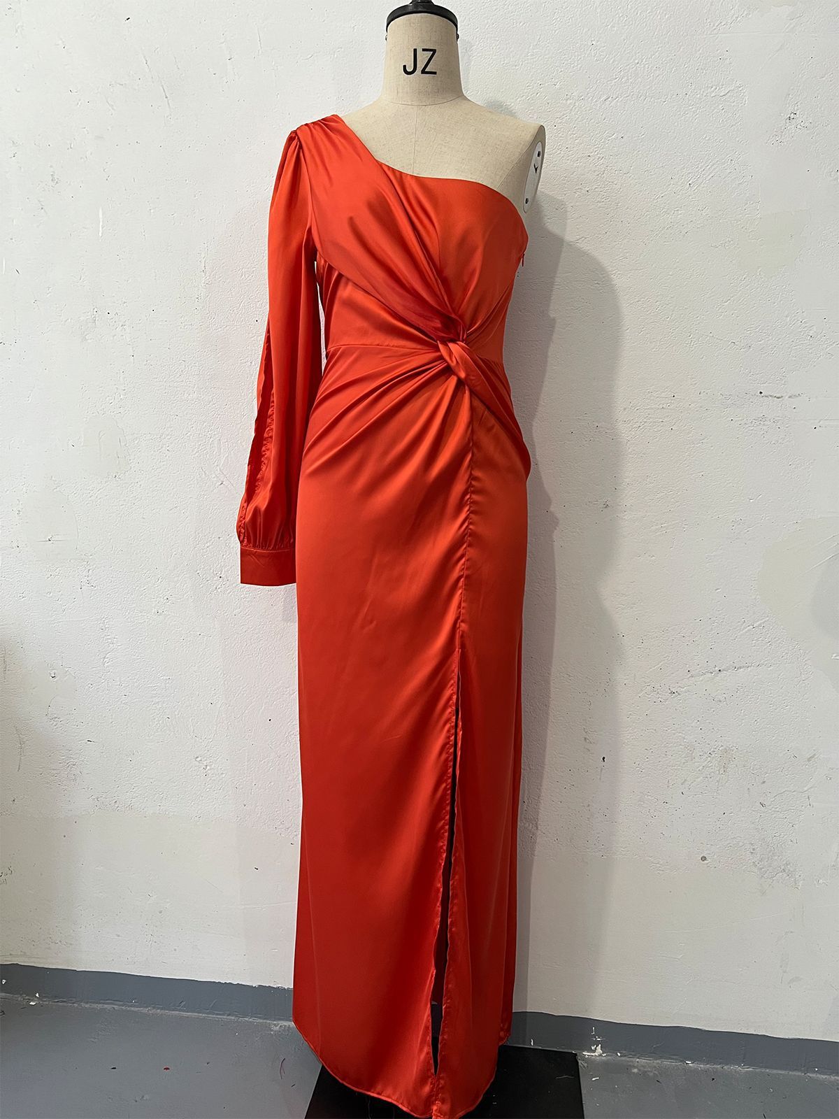 Diagonal Collar Raglan Sleeve Pleated Waist Tight Split Long Dress