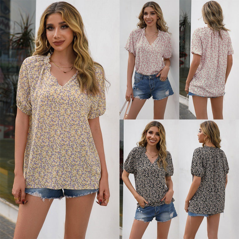 Loose Casual Small Floral V-neck Short-sleeved Shirt
