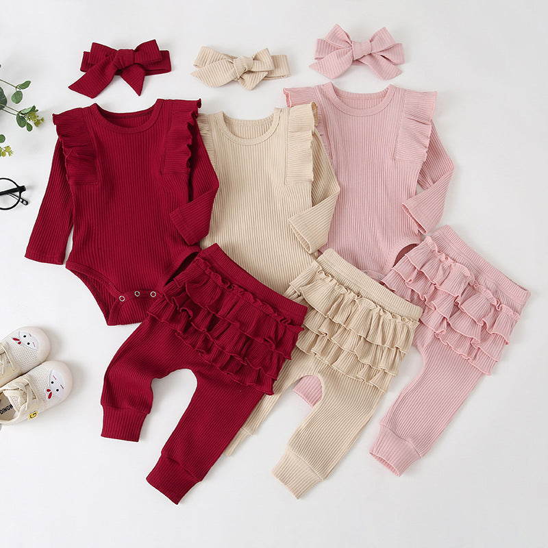 Vêtements d'automne pour enfants, combinaison décontractée à manches longues en dentelle, ensemble trois pièces avec coiffe à nœud