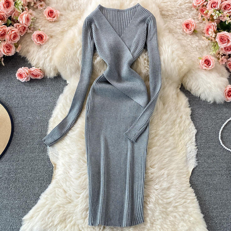 Retro Deep V-neck Knitted Dress