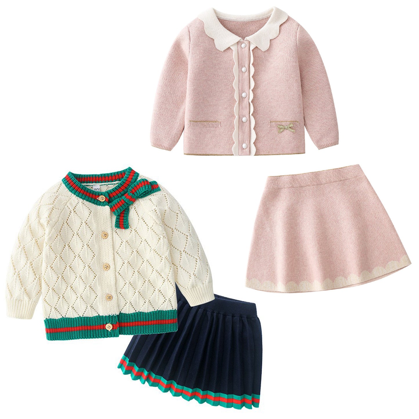 Ensemble cardigan et jupe en coton tricoté pour bébé fille