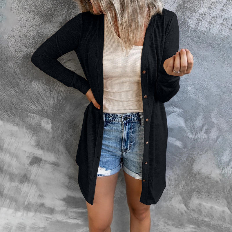 Long Button Solid Color Casual Long-sleeved Cardigan