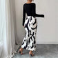 Fashionable Printed Slim-Fit Long-Sleeve Slit Dress