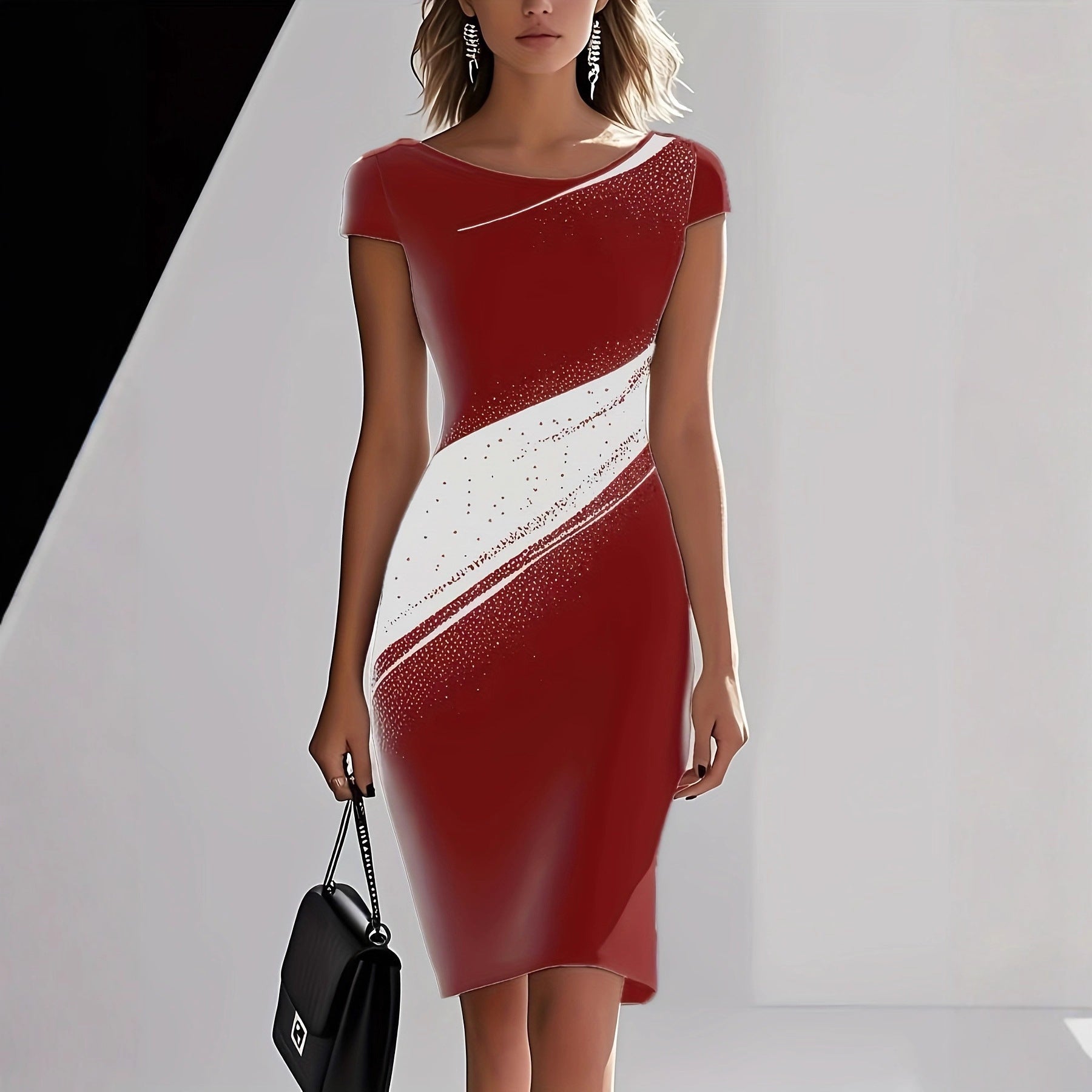 Elegant Black-and-white Contrast Long-sleeve Slim-fit Midi Dress