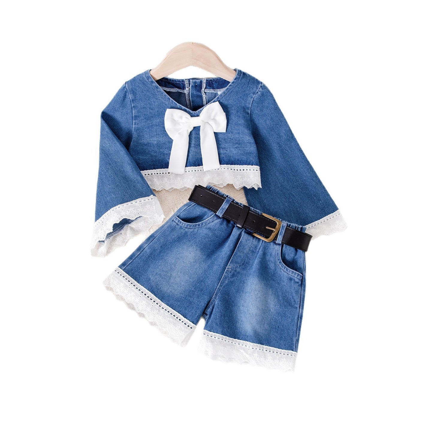 Long-sleeved Top Lace Denim Shorts