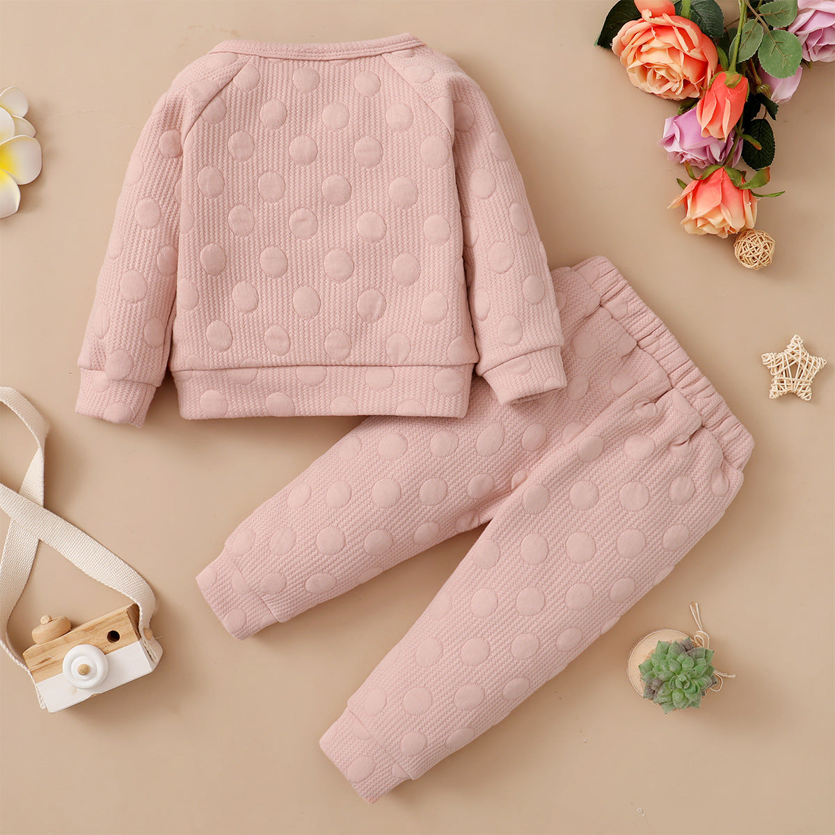 Ensemble printemps-automne pour garçons et filles, couleur bonbon, couleur unie, pois, col rond, manches longues, pantalon, vêtements pour enfants