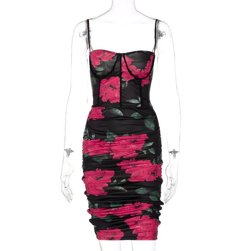 Ladies Printed Net Yarn Printed Sling Dress