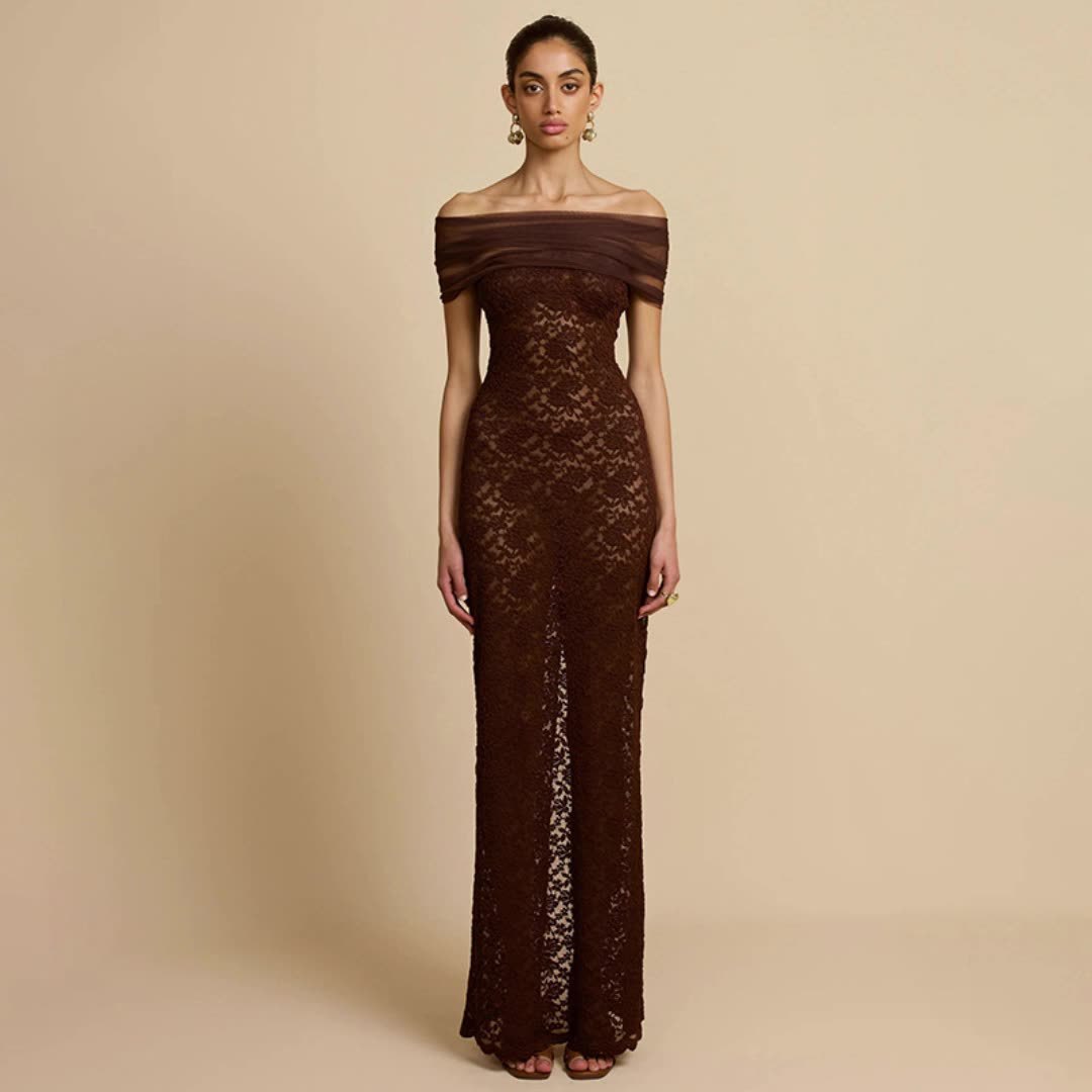 Women's Off-shoulder See-through Lace Split Slim-fit Sheath Dress