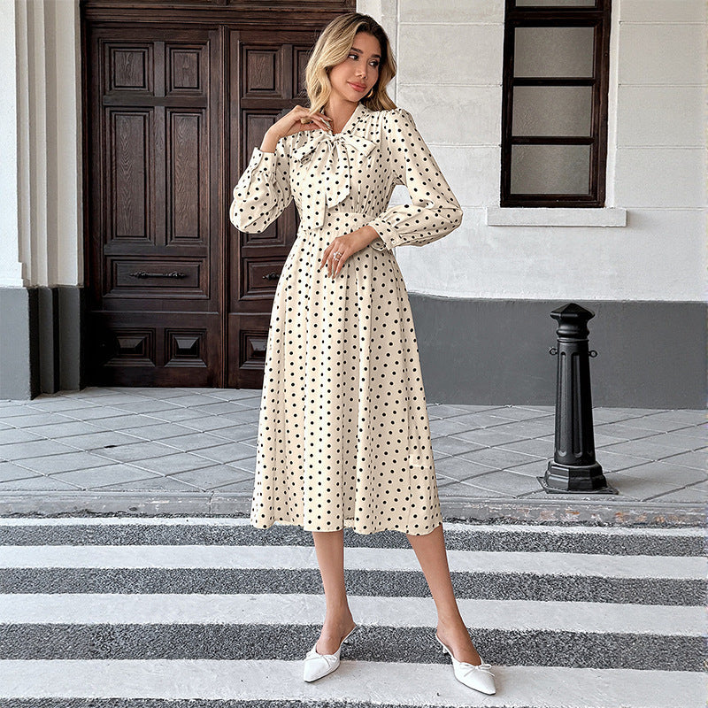 New Elegant Retro Style Bow Collar Long Sleeve Waist Dress