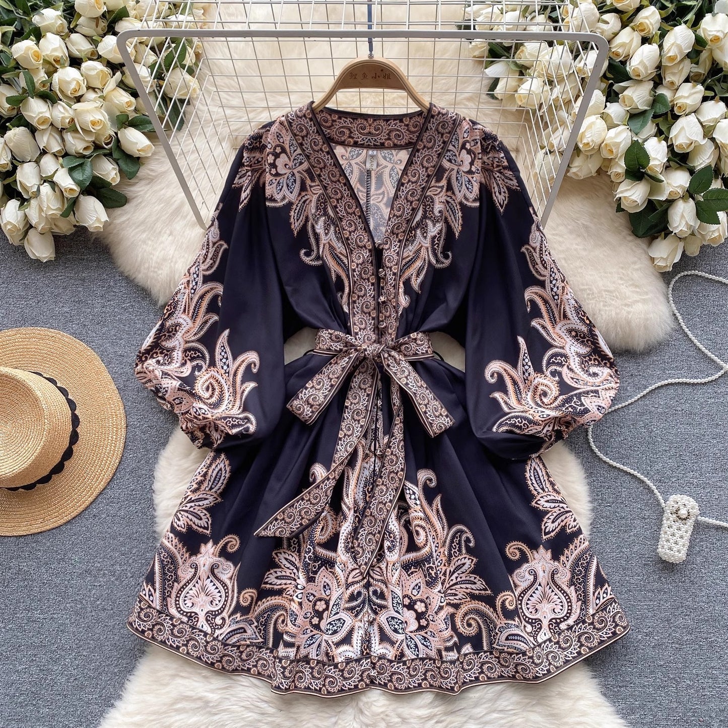Robe femme manches lanternes taille ajustée imprimé