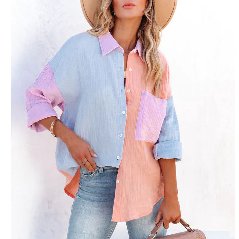 Women's Color Contrast Patchwork Drop-shoulder Long-sleeve Shirt