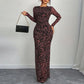 Elegant Womens Leopard-Print Sheer Long-Sleeve Bodycon Dress