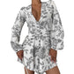 Women's V-neck Printed Lantern Sleeve Waist-tight Dress