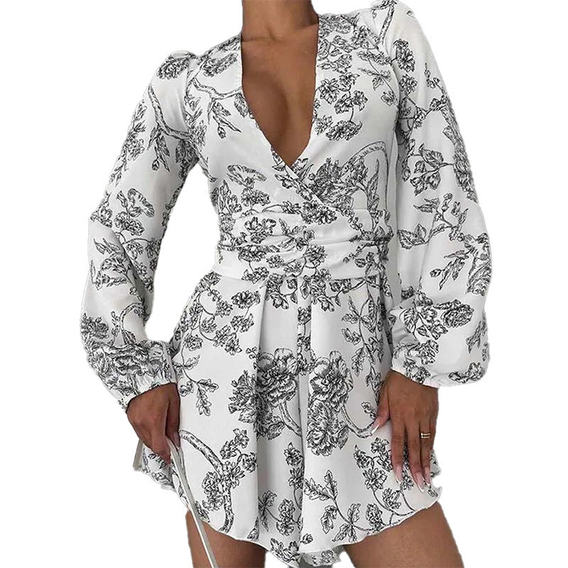 Women's V-neck Printed Lantern Sleeve Waist-tight Dress