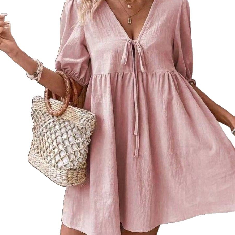 Loose-fit Woven Deep V-neck Designer Tie-front A-line Dress