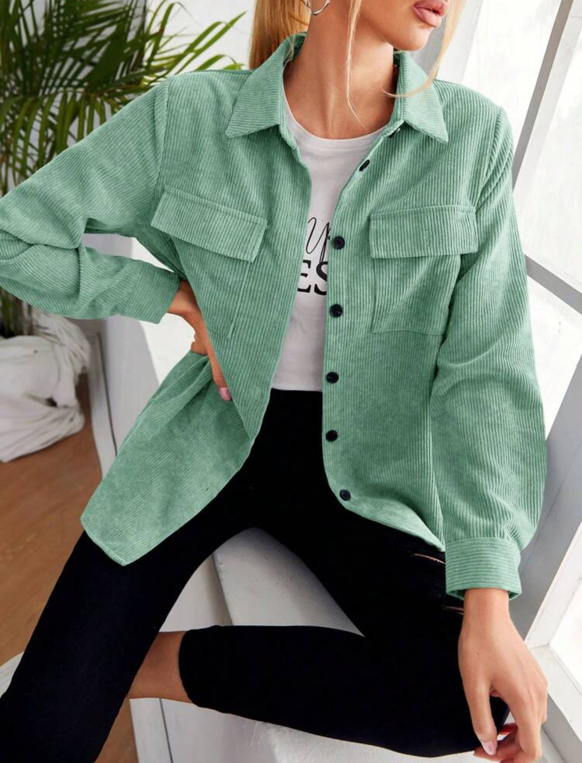 Corduroy Shirt Lapel Long Sleeve Loose